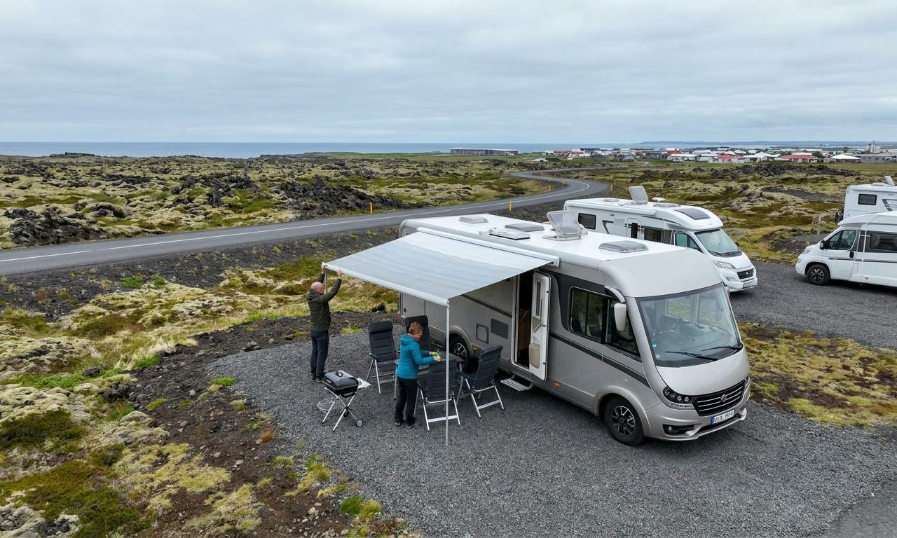 Couple driving a motorhome in Keflavík