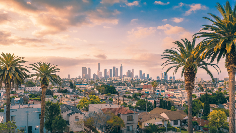 A sprawling overview of the Los Angeles skyline under a clear sky