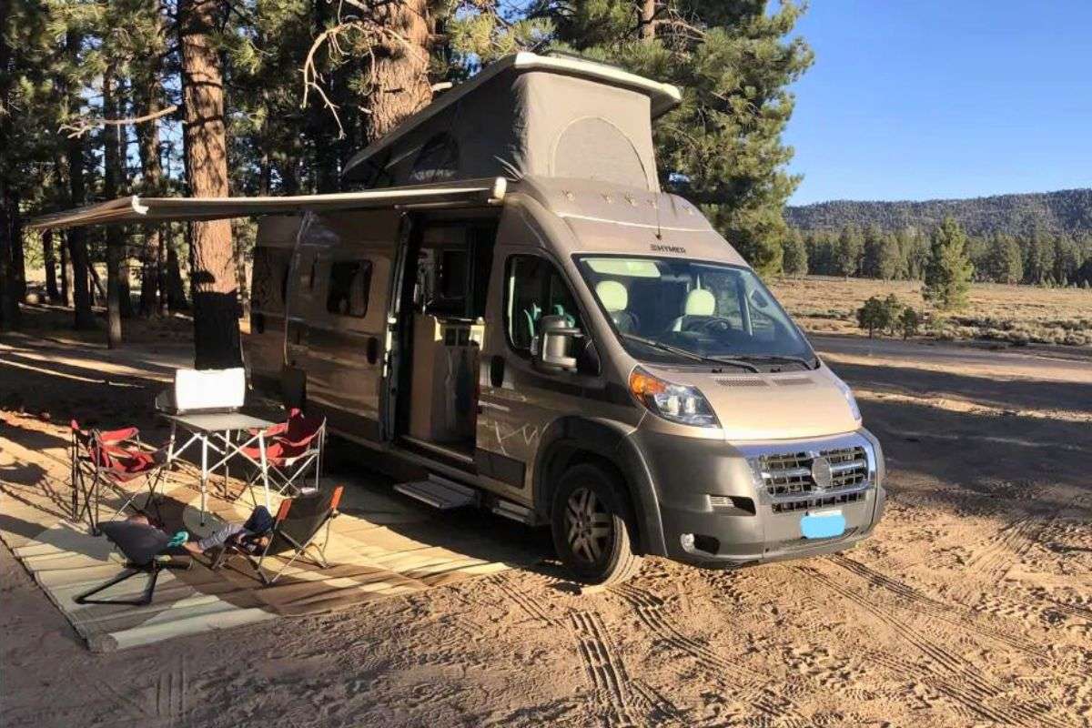 Interior view of a modern Class C motorhome ready for a San Diego trip