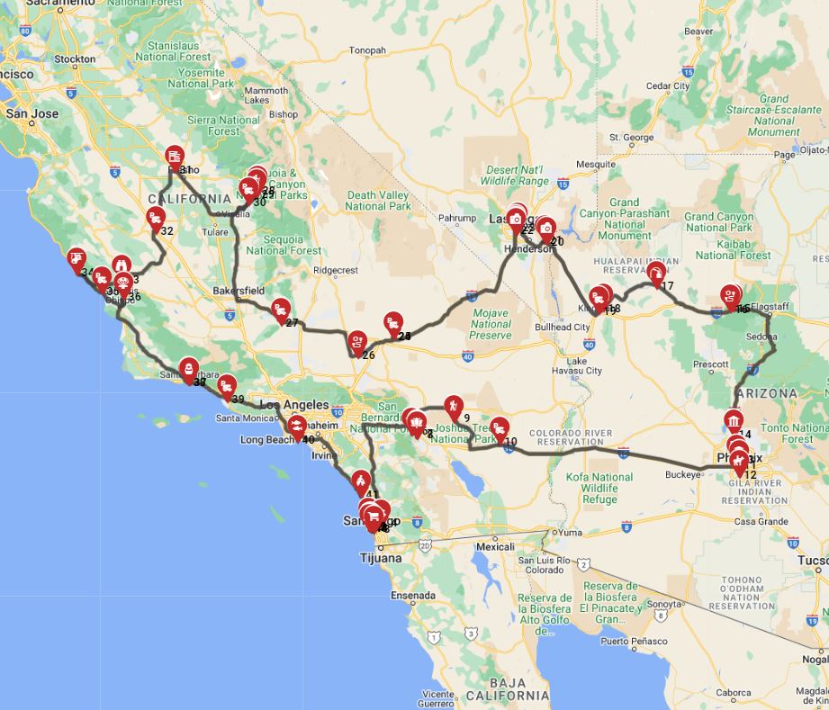 A map showing a potential RV road trip route starting from San Diego