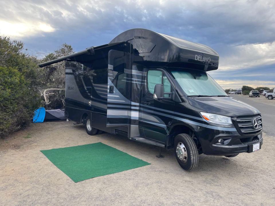 A modern Mercedes-based Class C motorhome ready for rental in San Diego