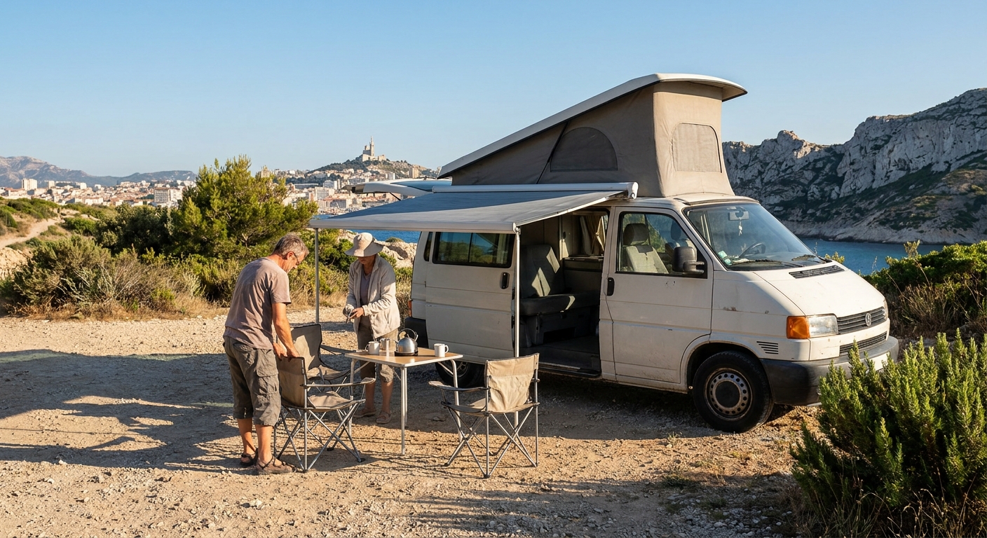 Different RV types parked in a scenic spot near Marseille