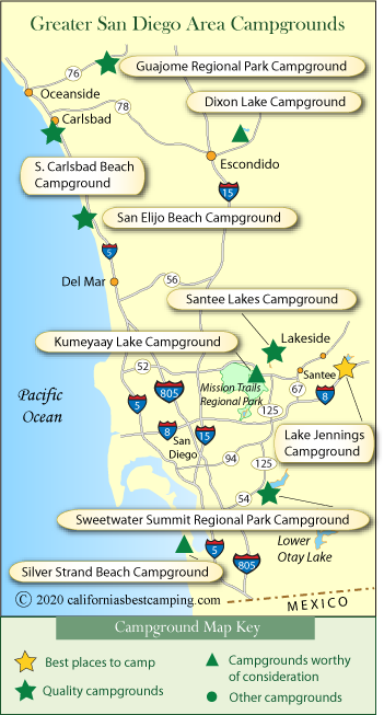 Map of RV campgrounds in the San Diego area.