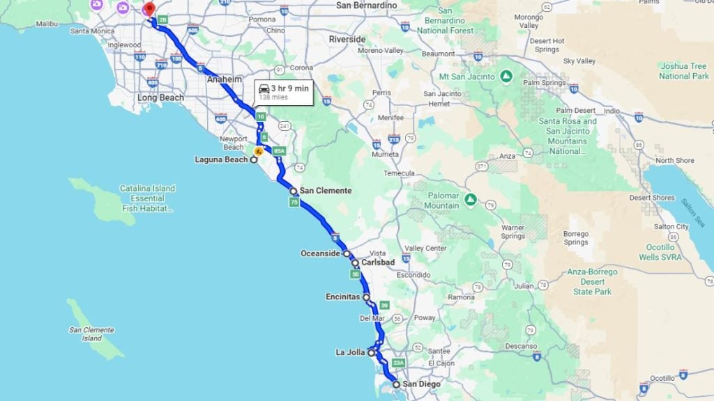 A map showing driving routes around San Diego, suitable for an RV