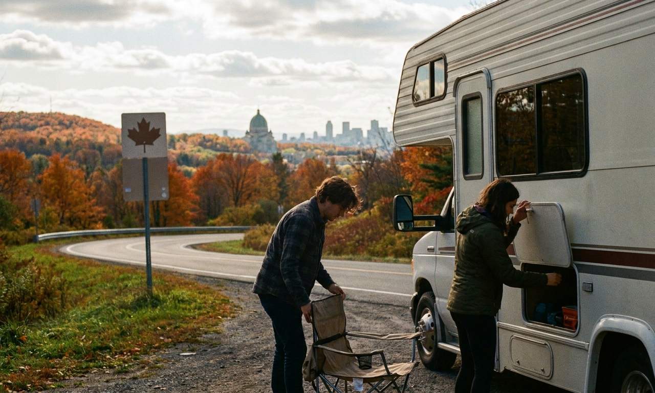 Motorhome parked by a lake near Montreal, showing scenic long term RV rental value