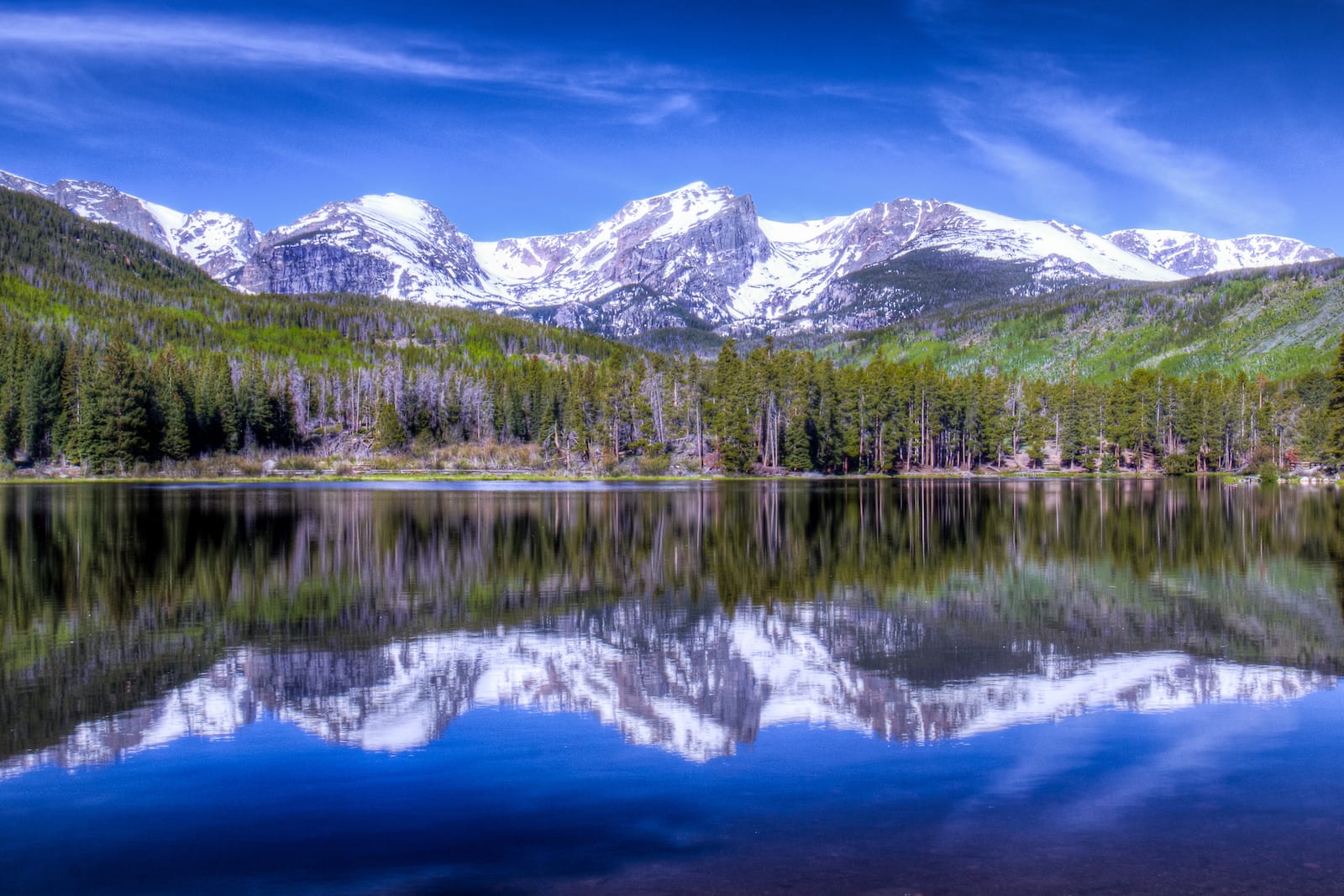 A serene lake reflecting the Rocky Mountains near Denver, a perfect RV destination