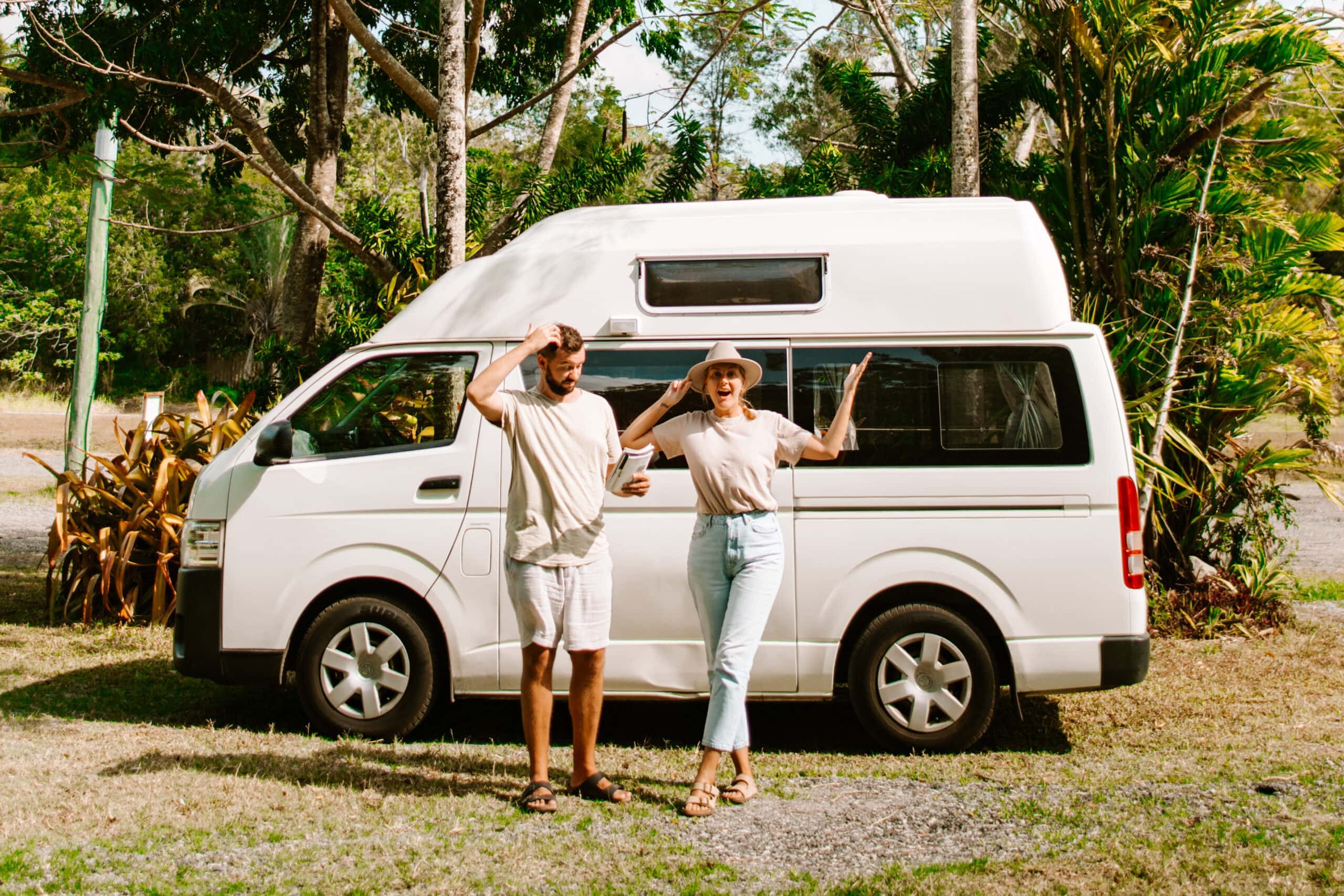A motorhome parked with a scenic view of the Adelaide hills