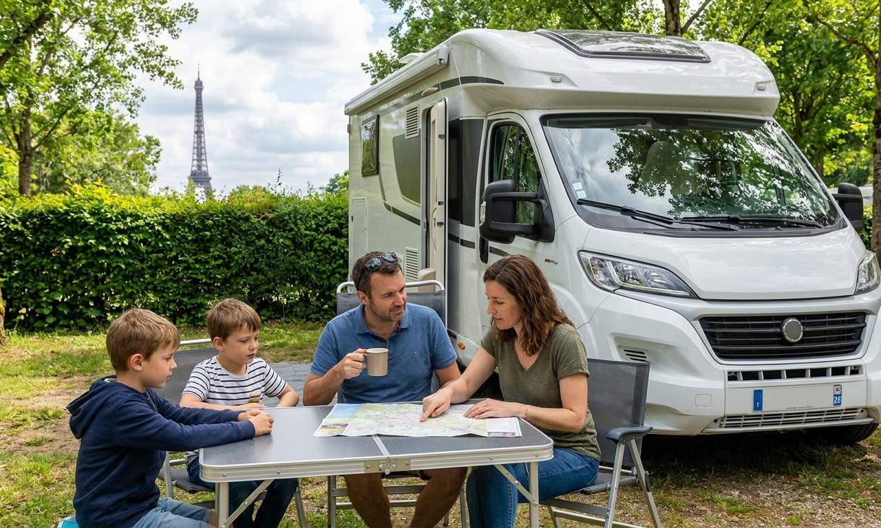 Couple enjoys sunset from their rented campervan near Paris