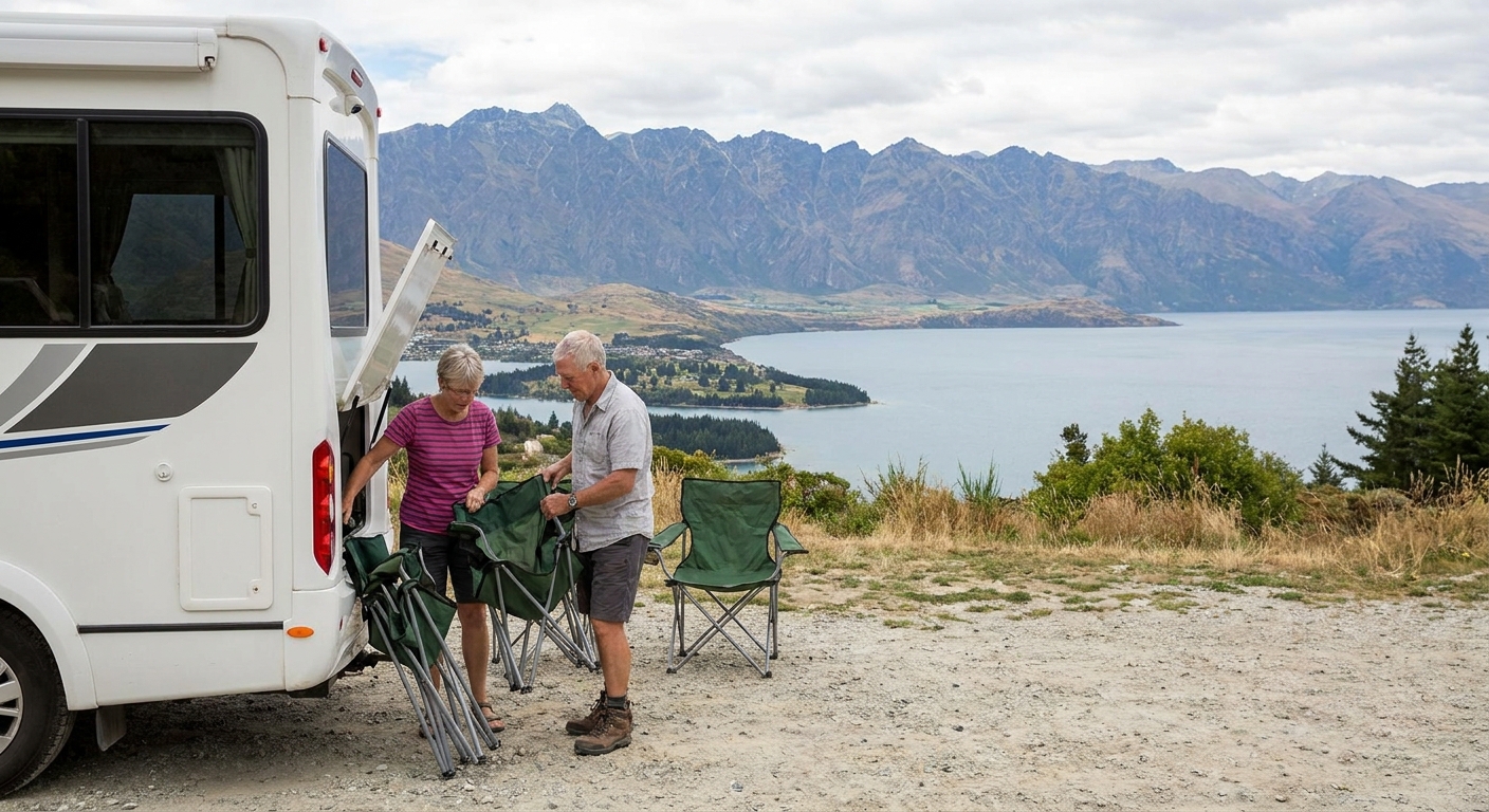 Motorhome parked by Lake Wakatipu, Queenstown