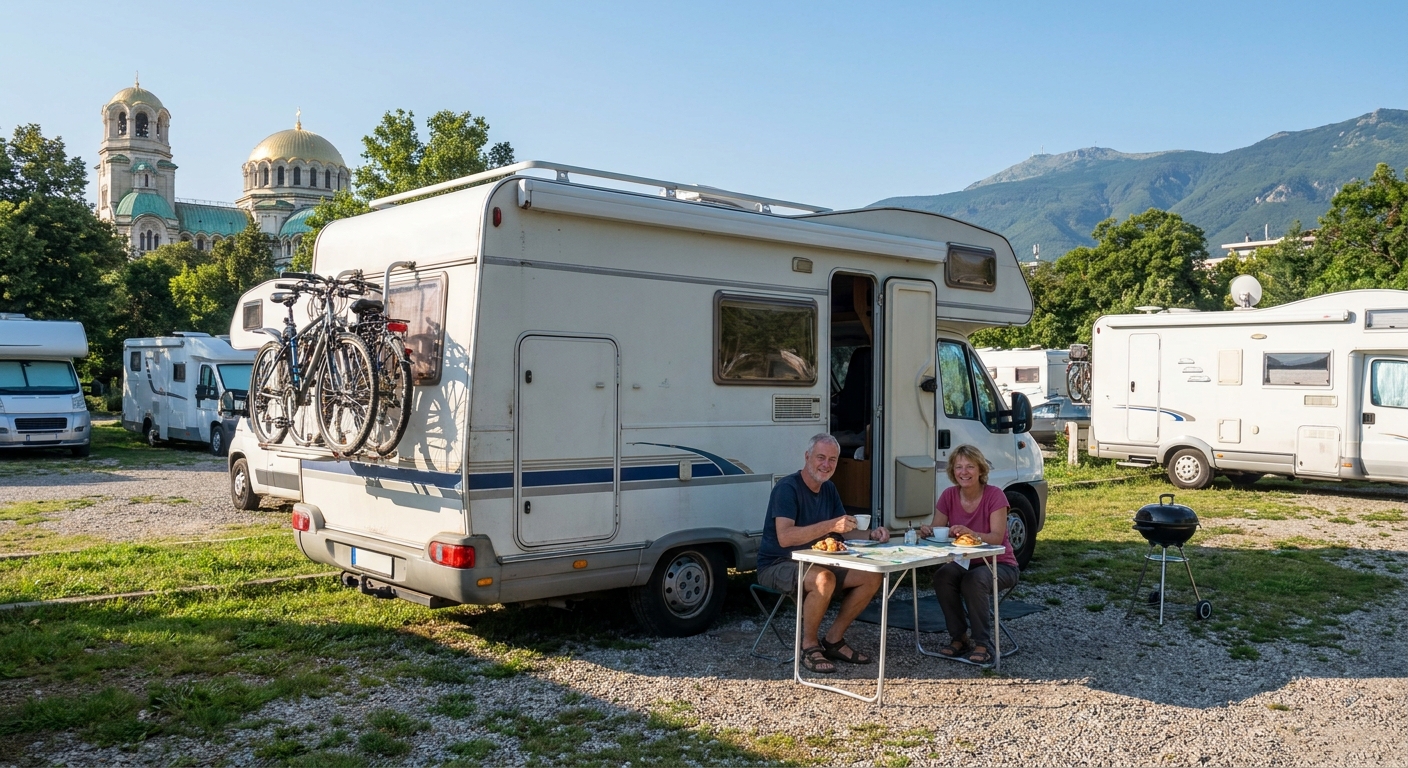 Couple driving RV in Sofia with standard license