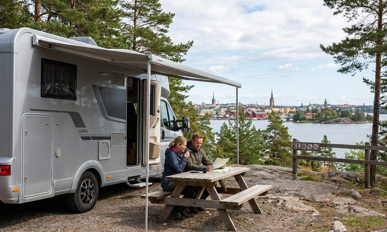 Motorhome parked by a scenic Swedish lake, illustrating RV travel in Stockholm