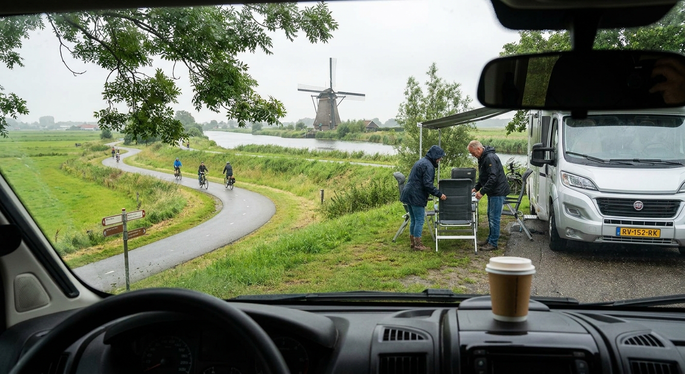Map of the Netherlands with a highlighted RV route starting from Amsterdam.