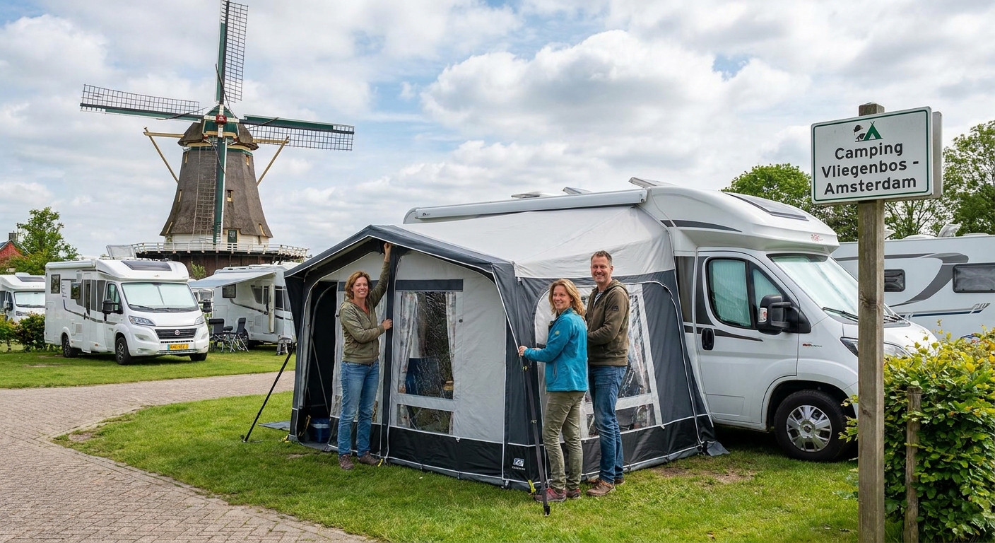 A fleet of different RV models parked at a rental station in Amsterdam