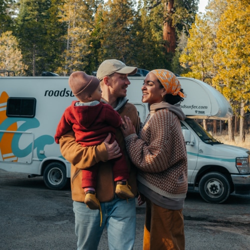 A family enjoying their rented motorhome in the Dutch countryside near Amsterdam