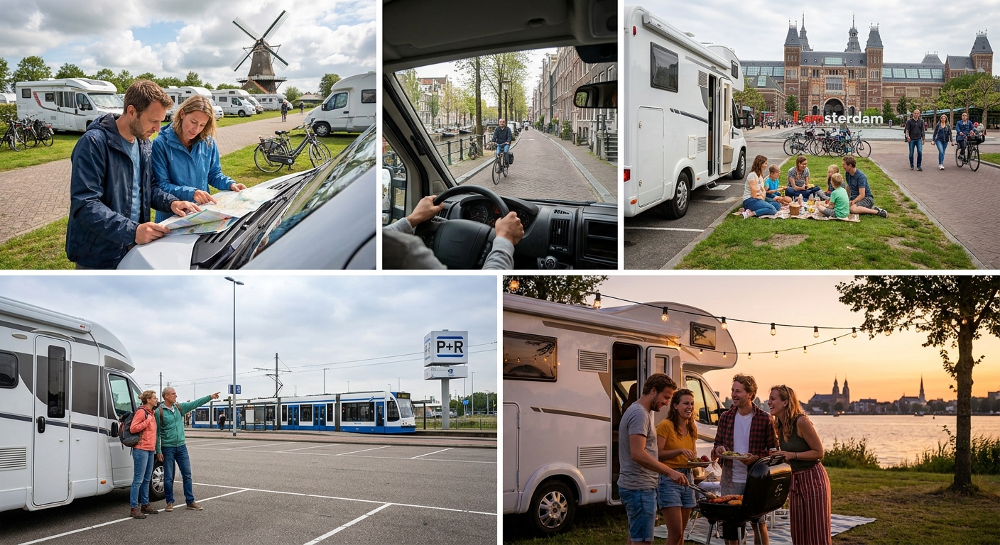 Couple planning a last-minute RV trip to Amsterdam on a laptop