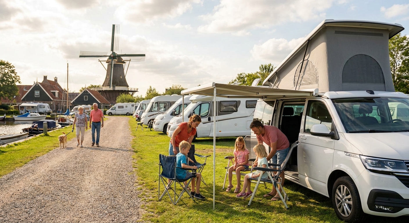 A variety of motorhome classes parked in a scenic Dutch landscape near Amsterdam