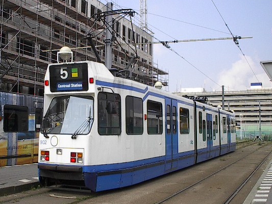 A modern tram in Amsterdam, a convenient way to travel into the city from your campground.