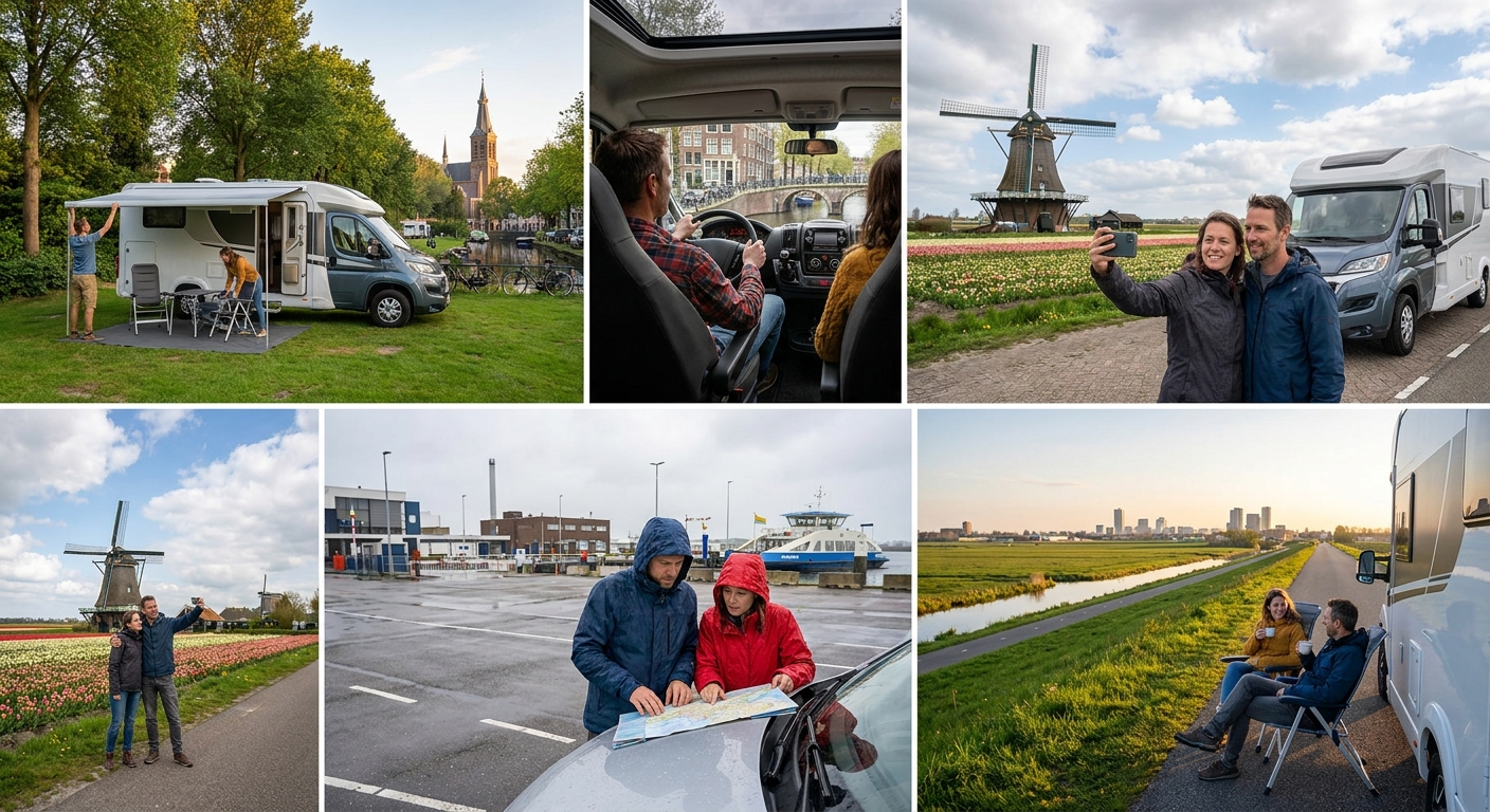 A couple planning their RV route on a map inside their motorhome near Amsterdam