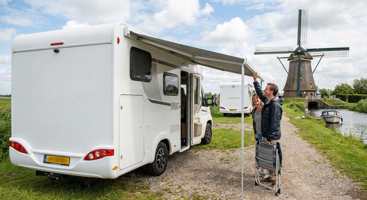 Top view of a campervan navigating a scenic Dutch road alongside a canal.