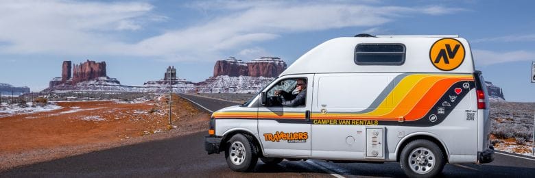 A rented motorhome parked at a campground near Las Vegas