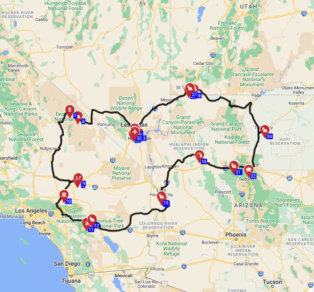 A scenic route map for a Las Vegas RV road trip