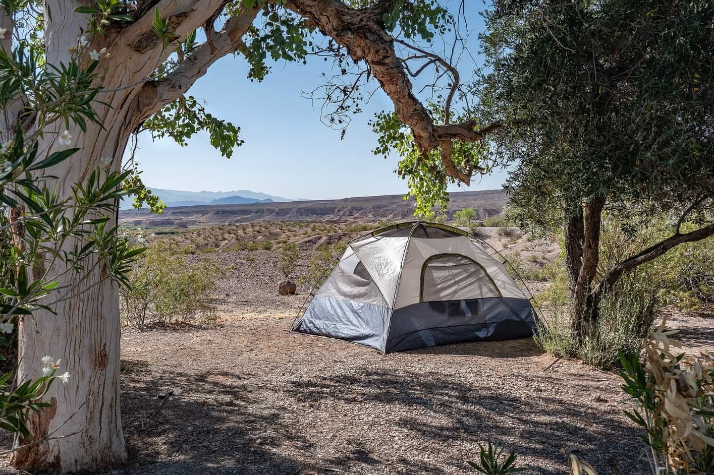 A serene view of an RV campground near a lake in Las Vegas