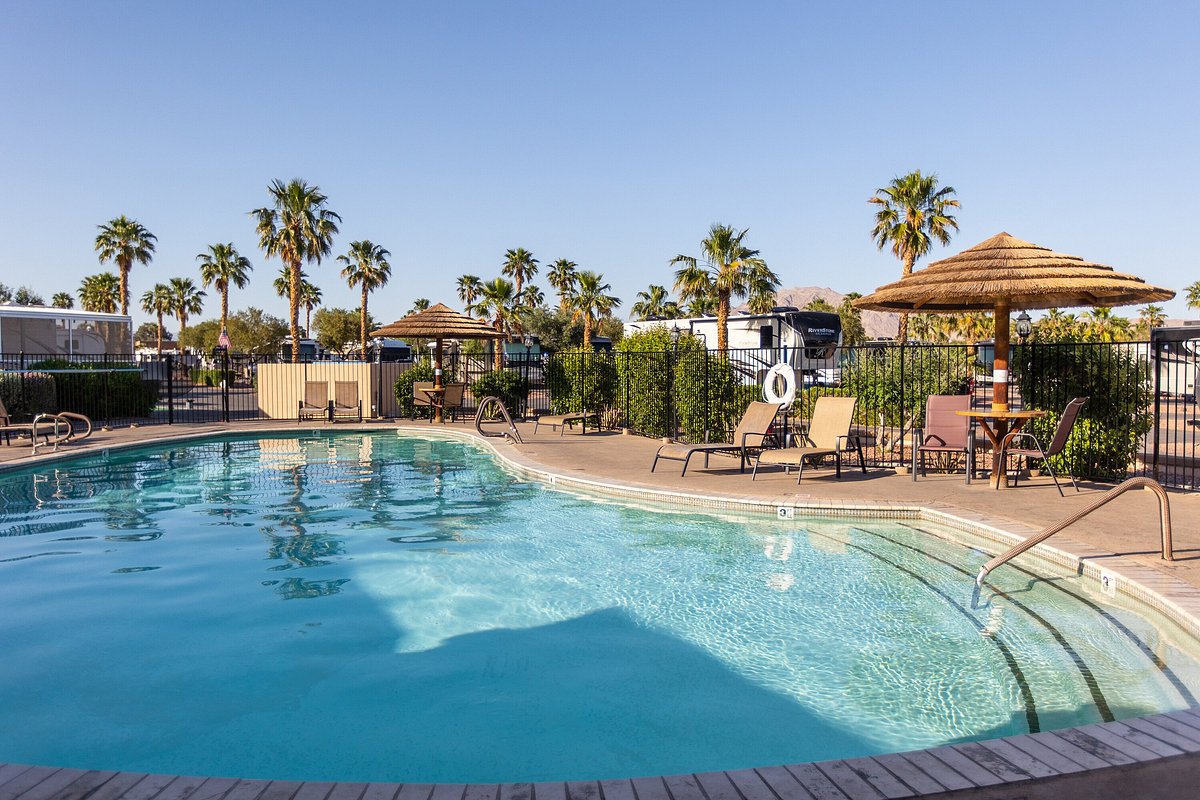 Amenity-rich RV resort in Las Vegas with swimming pool and palm trees