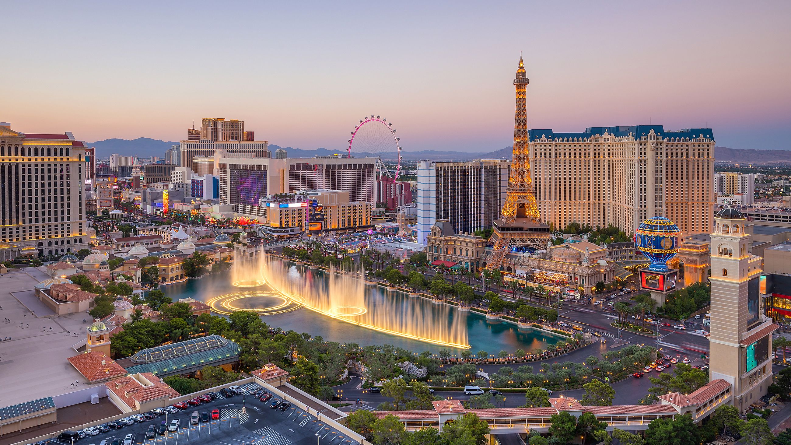 The iconic Las Vegas strip illuminated at night.