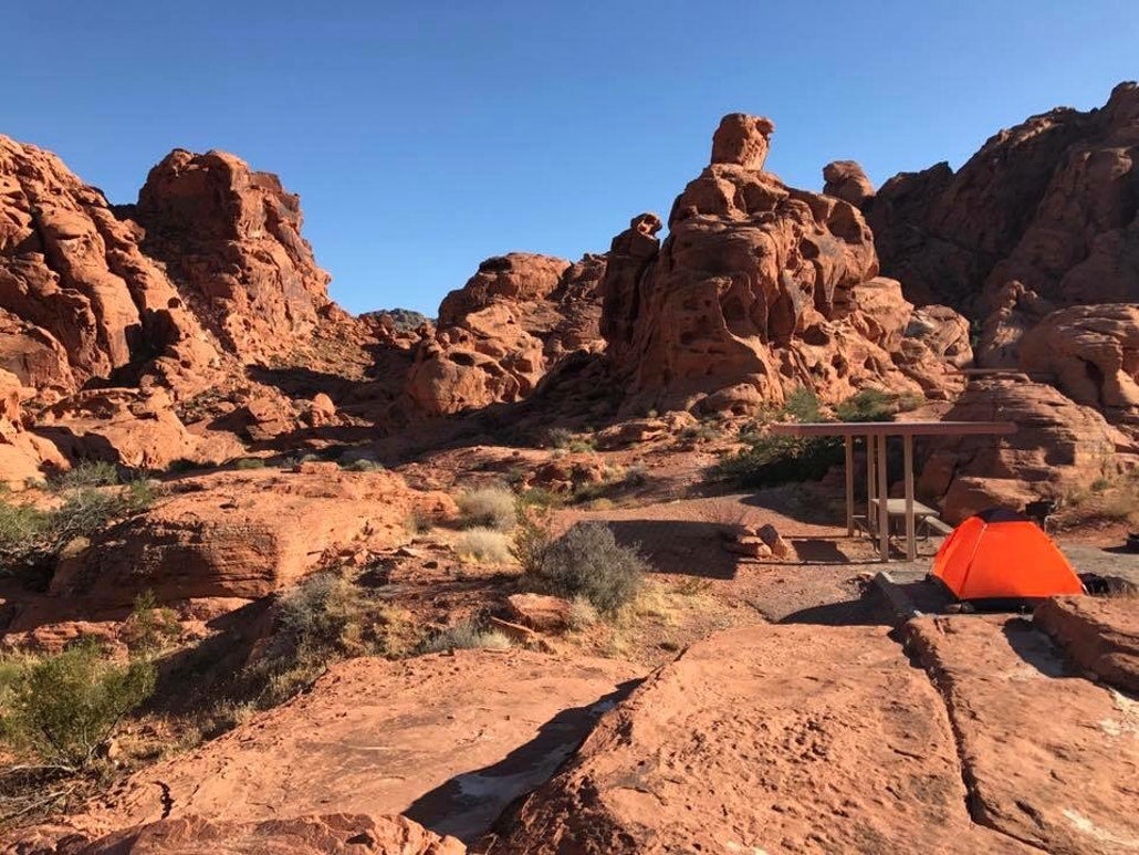 An RV parked at a campsite in Valley of Fire State Park near Las Vegas