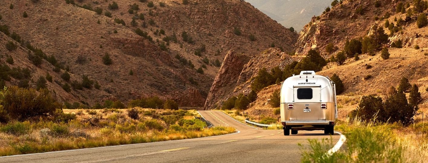 A rented campervan on a desert road near Las Vegas, Nevada