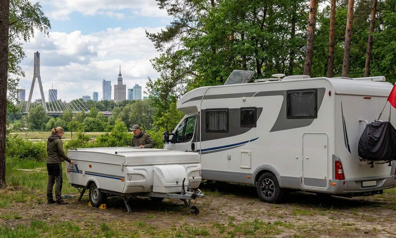 A family choosing an RV in Warsaw, comparing different models