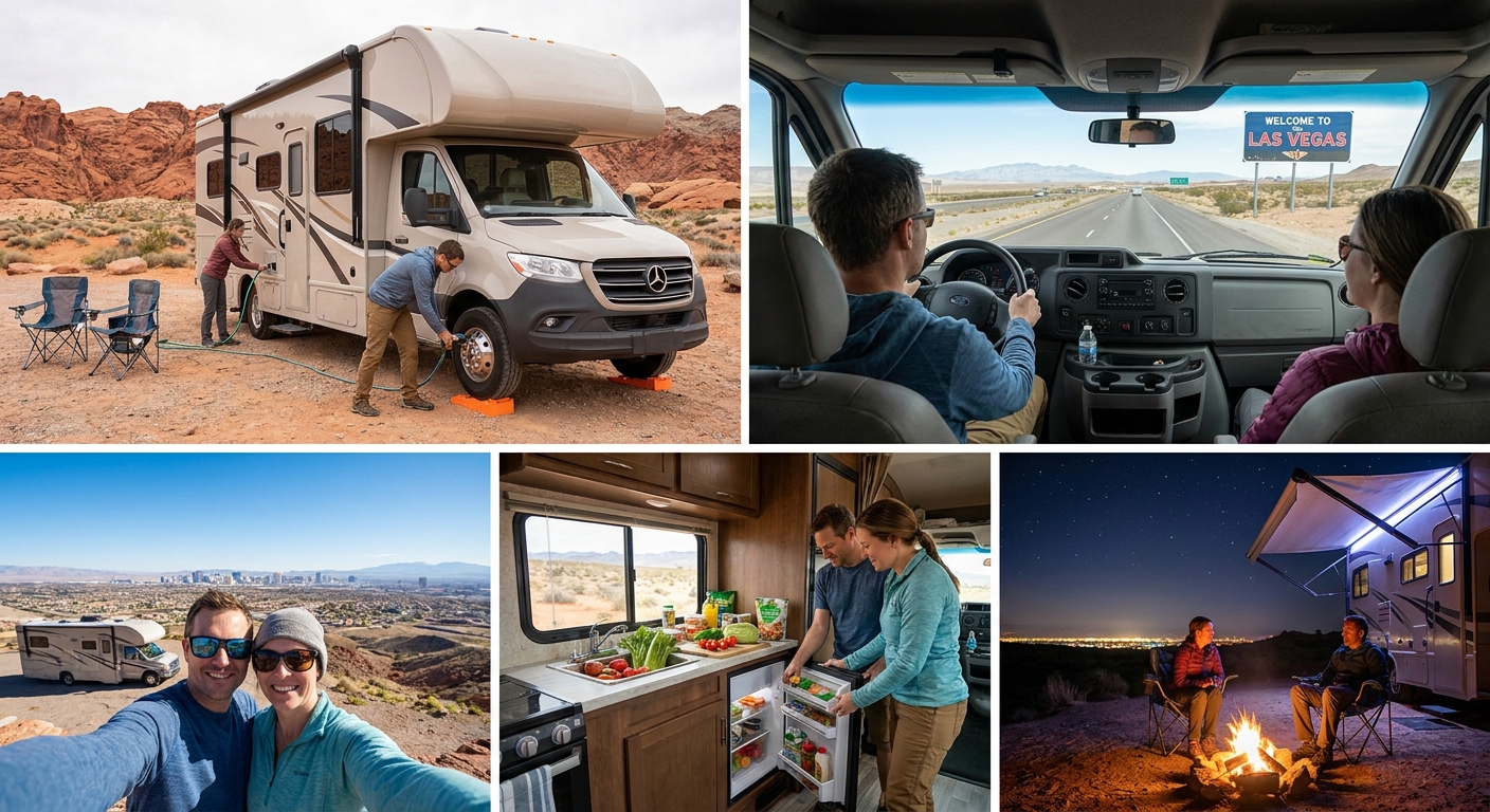 Couple enjoying a scenic view from their rented campervan near Las Vegas.