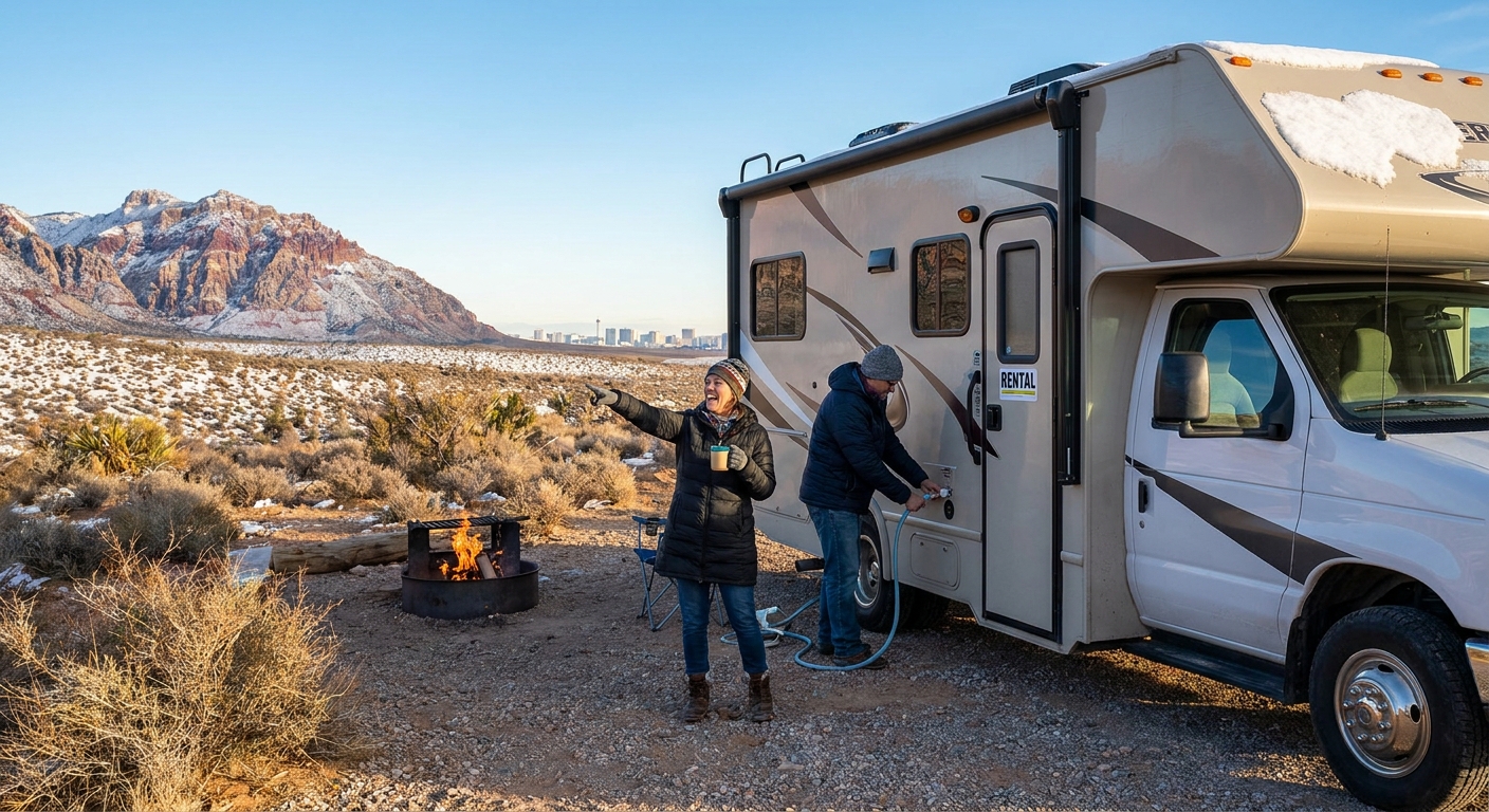 Couple enjoying a winter morning by their rented RV near Las Vegas