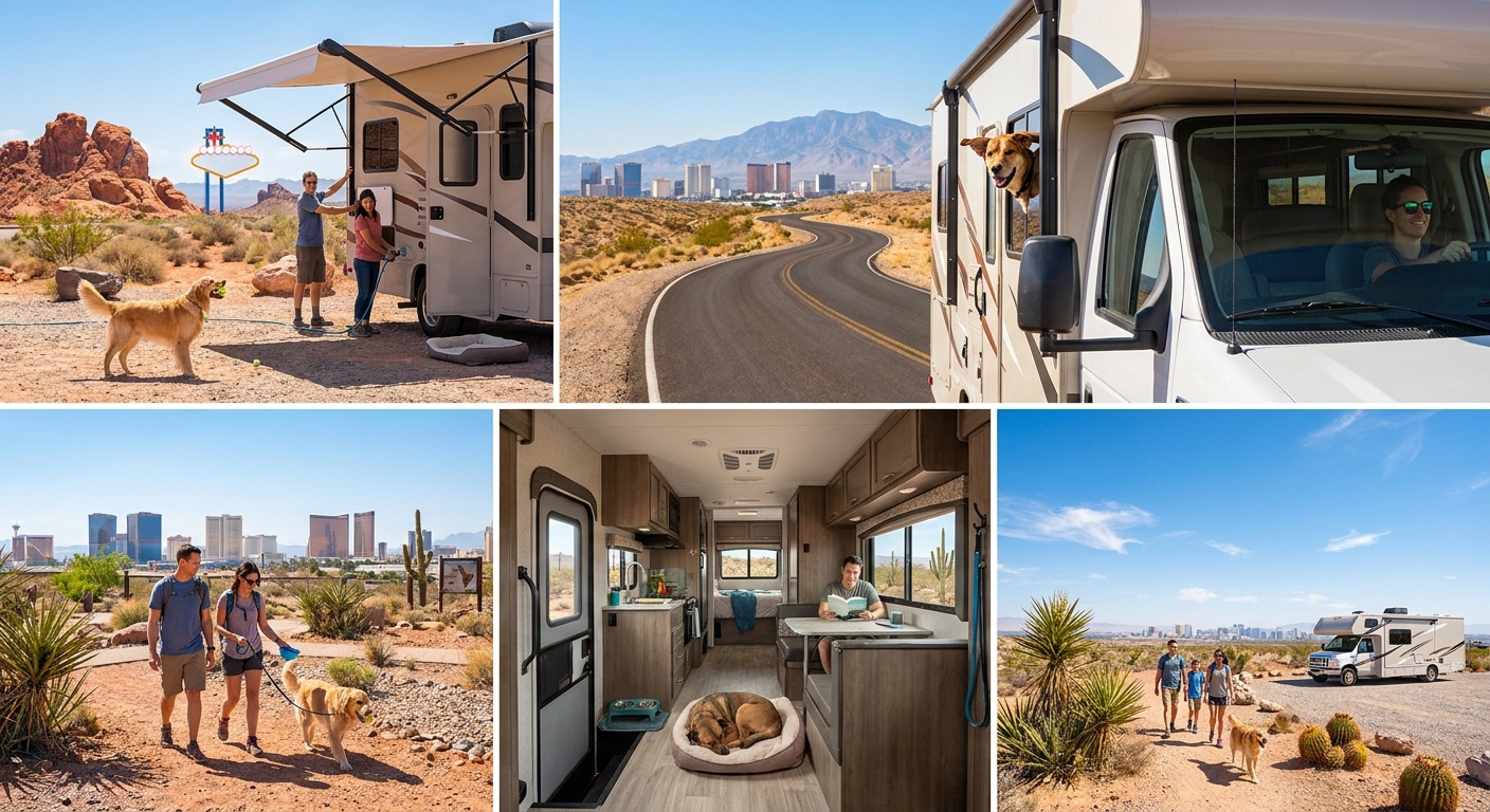 Happy dog looking out the window of a Class C motorhome rental in Las Vegas