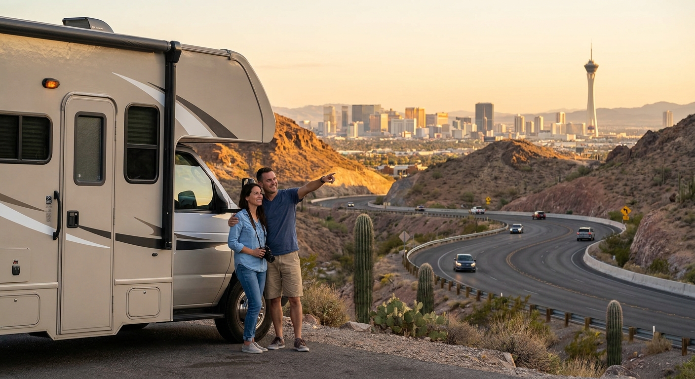 Scenic overview of a desert road perfect for an RV itinerary from Las Vegas