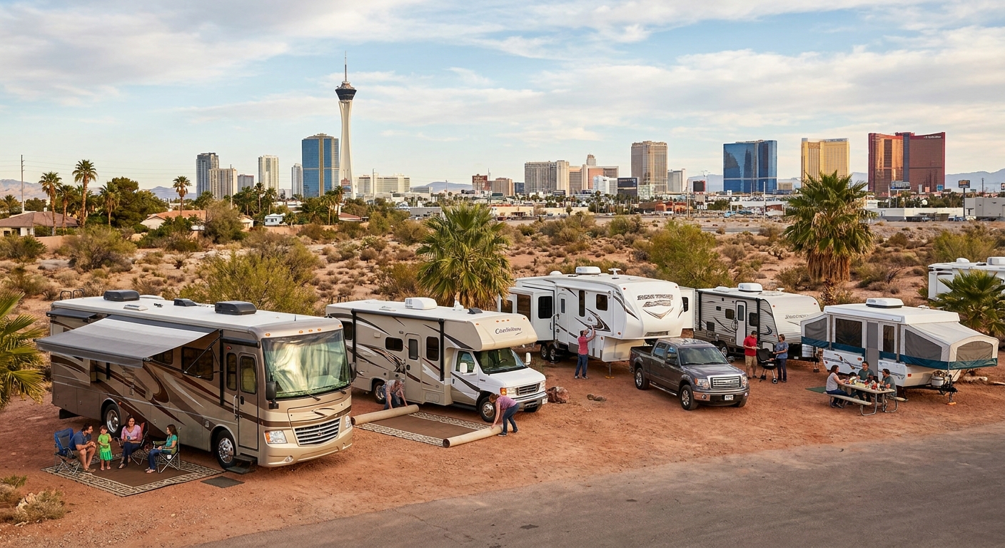 Various RV classes parked with a desert backdrop near Las Vegas
