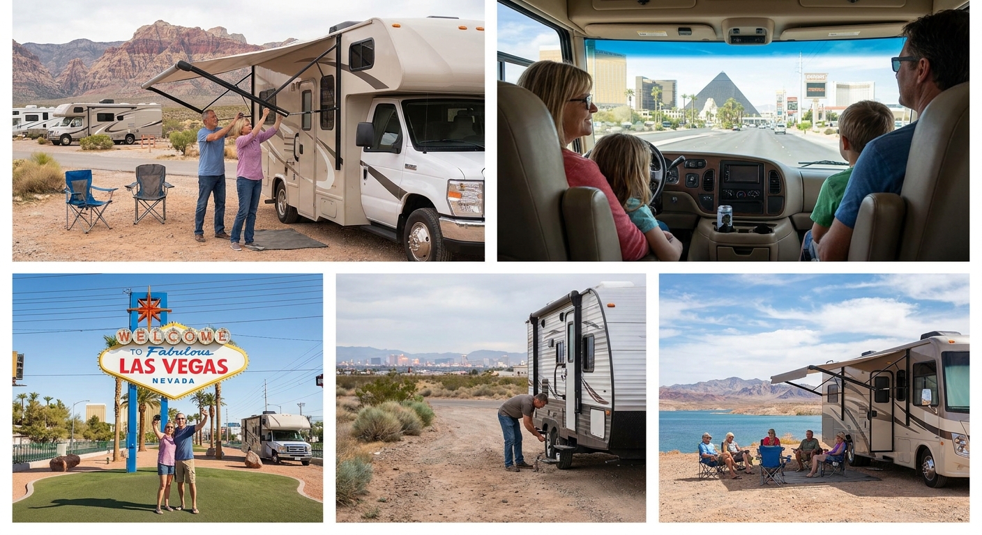 Family enjoying a meal outside their rented RV at a campground near Las Vegas.