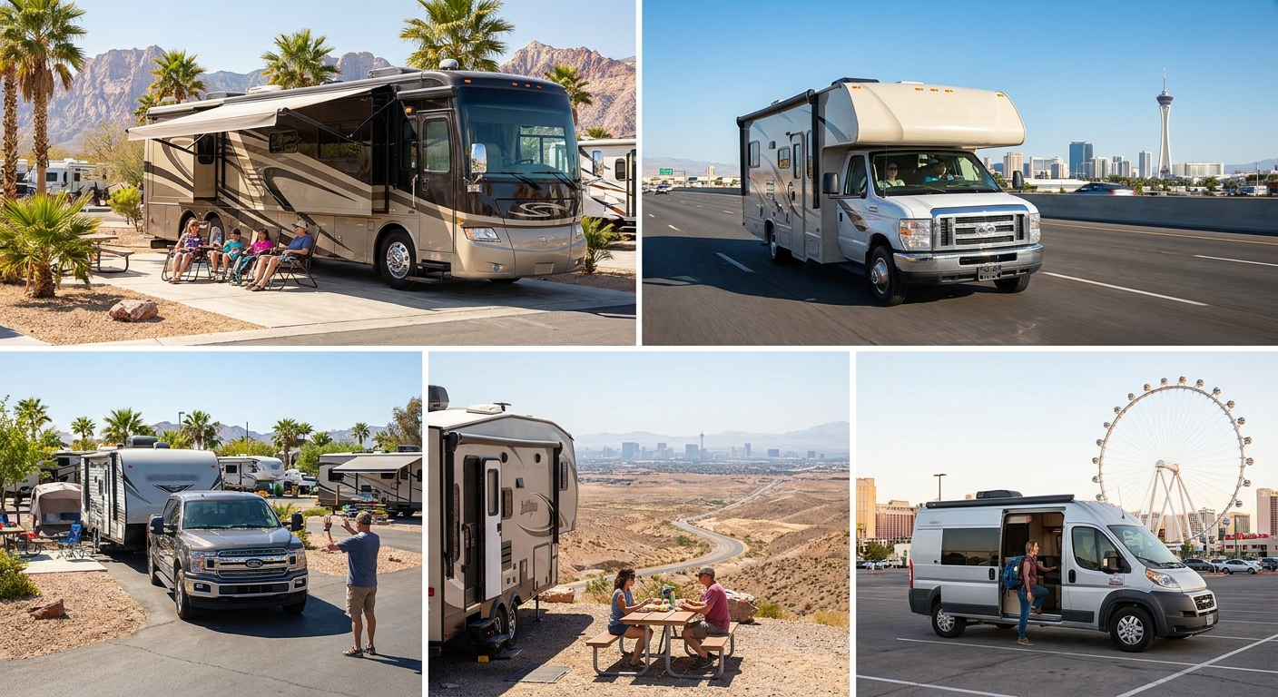 A family with their dog enjoying the spacious interior of a Class C motorhome rental in Las Vegas.