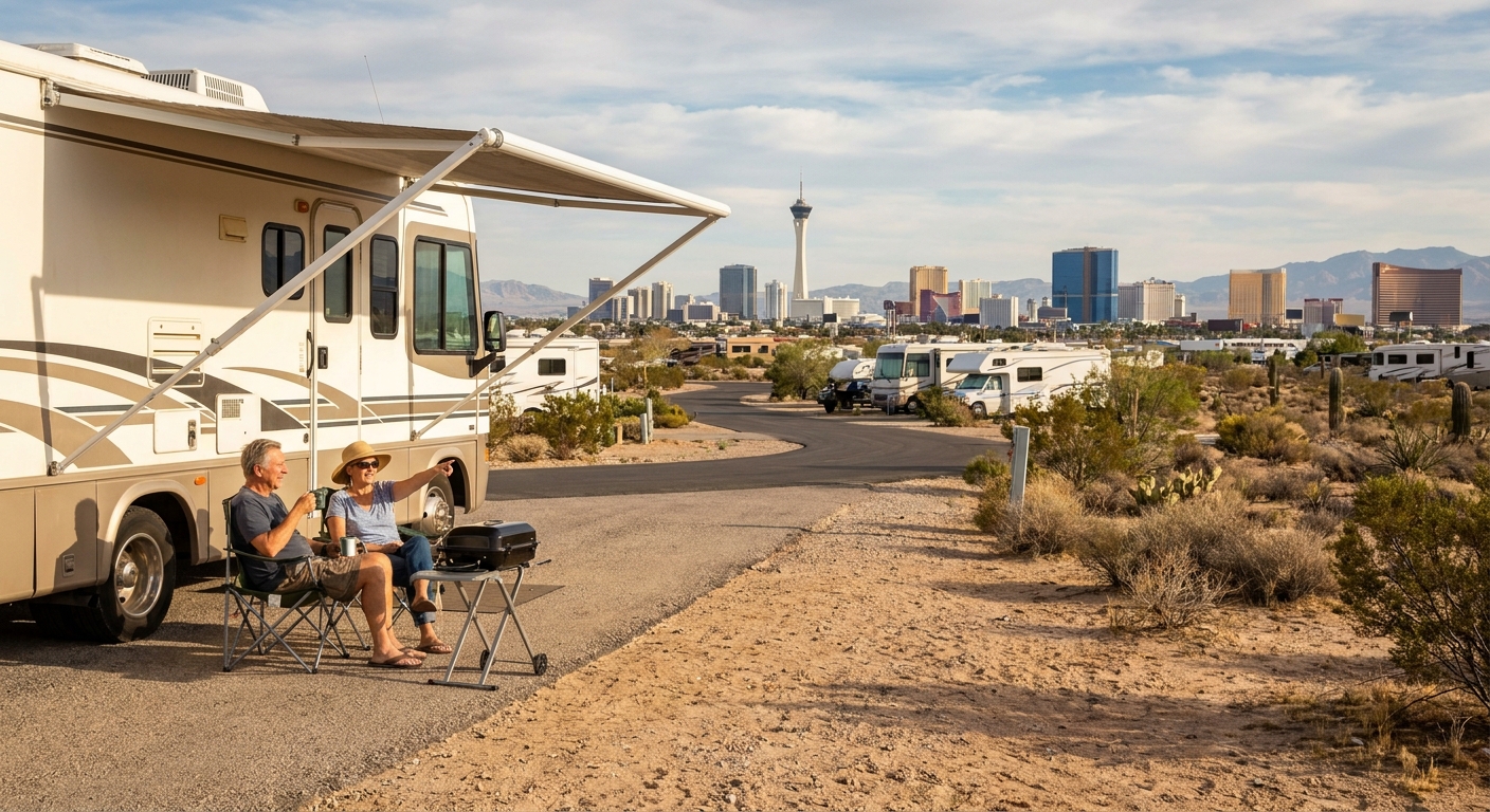 A family enjoying a meal at a picnic table next to their rented Class C motorhome in a desert campground near Las Vegas