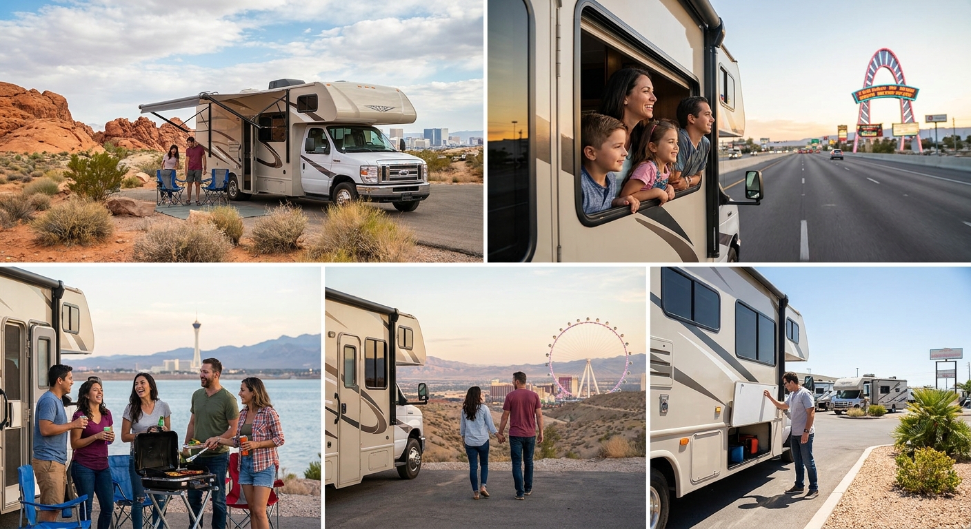 Family enjoying a meal outside their rented RV near Las Vegas