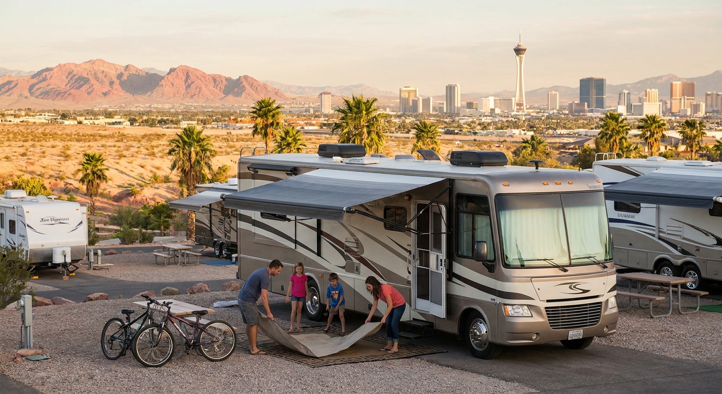 A modern Class C motorhome parked at a scenic campground near Las Vegas with red rock formations in the background