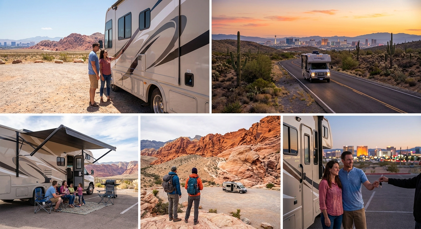 A family enjoying the spacious interior of a Class C motorhome rental