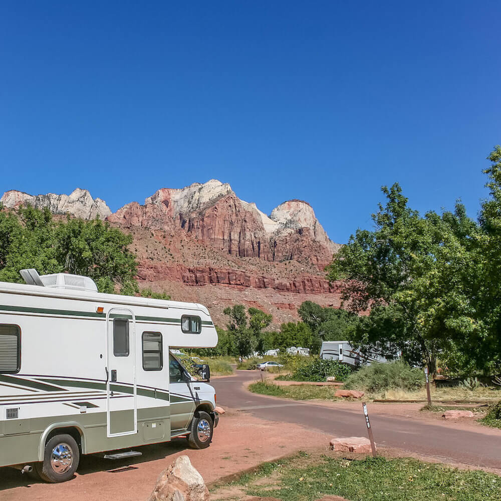 A rented Class C motorhome parked at a campsite in Zion National Park near Salt Lake City.