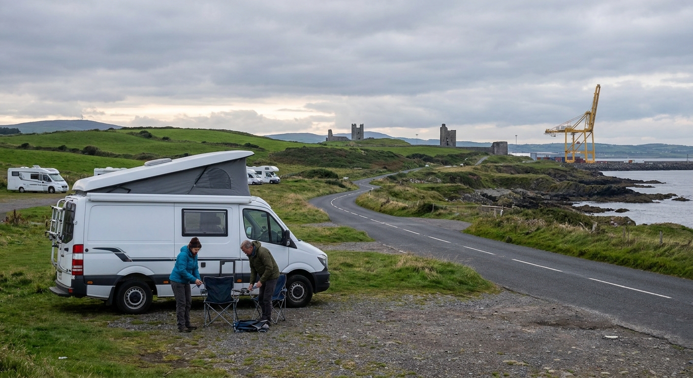 Motorhome driving on a scenic road in Northern Ireland