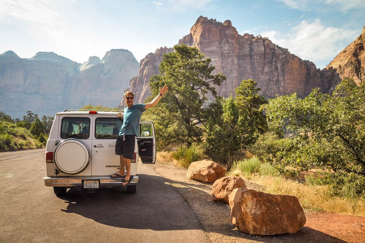 A campervan parked in a scenic Utah campground near Salt Lake City.
