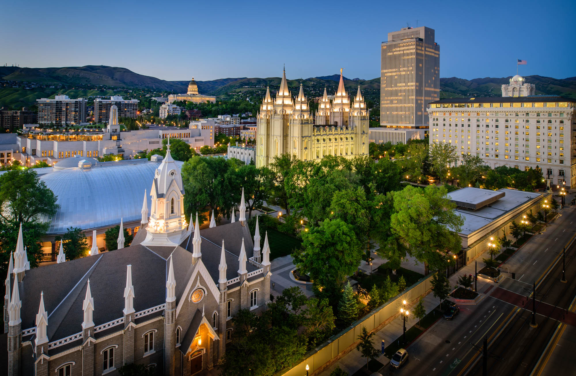 Temple Square in Salt Lake City at dusk, a key attraction.