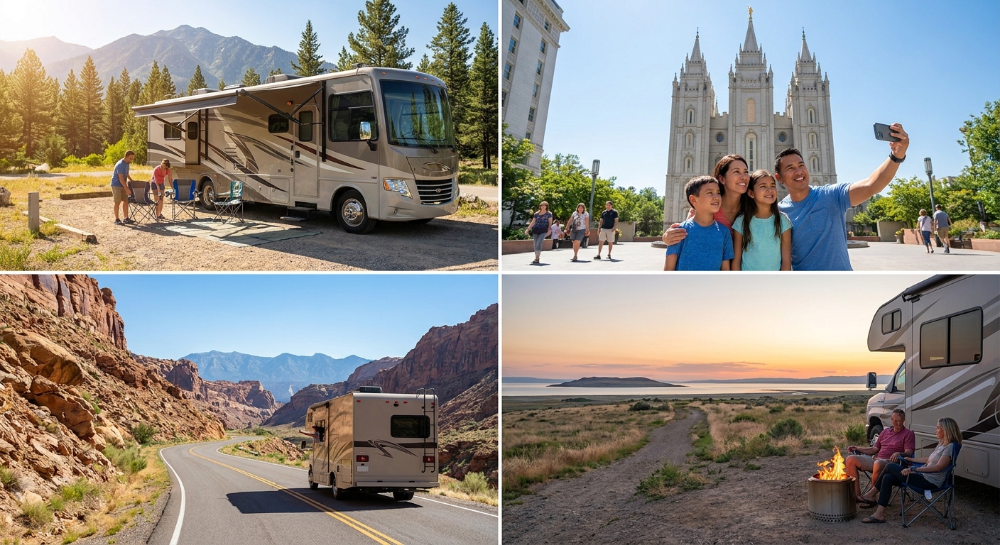A Class C RV parked in a scenic campground near Salt Lake City with mountains in the background.