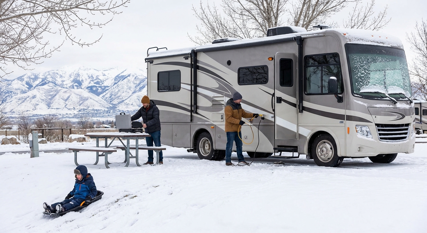An overview map highlighting the winter RV itinerary route from Salt Lake City to nearby mountain resorts.