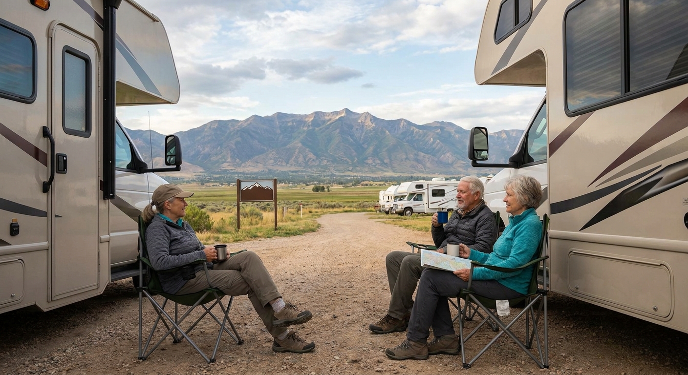 A senior couple enjoying a scenic overlook near Salt Lake City from their rented RV