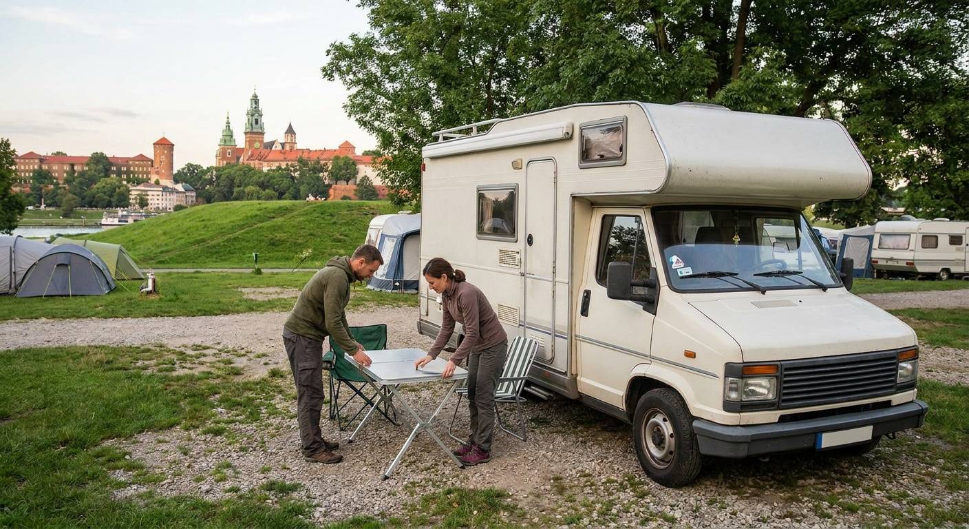 Kamper zaparkowany w pobliżu historycznego polskiego rynku podczas wycieczki last-minute